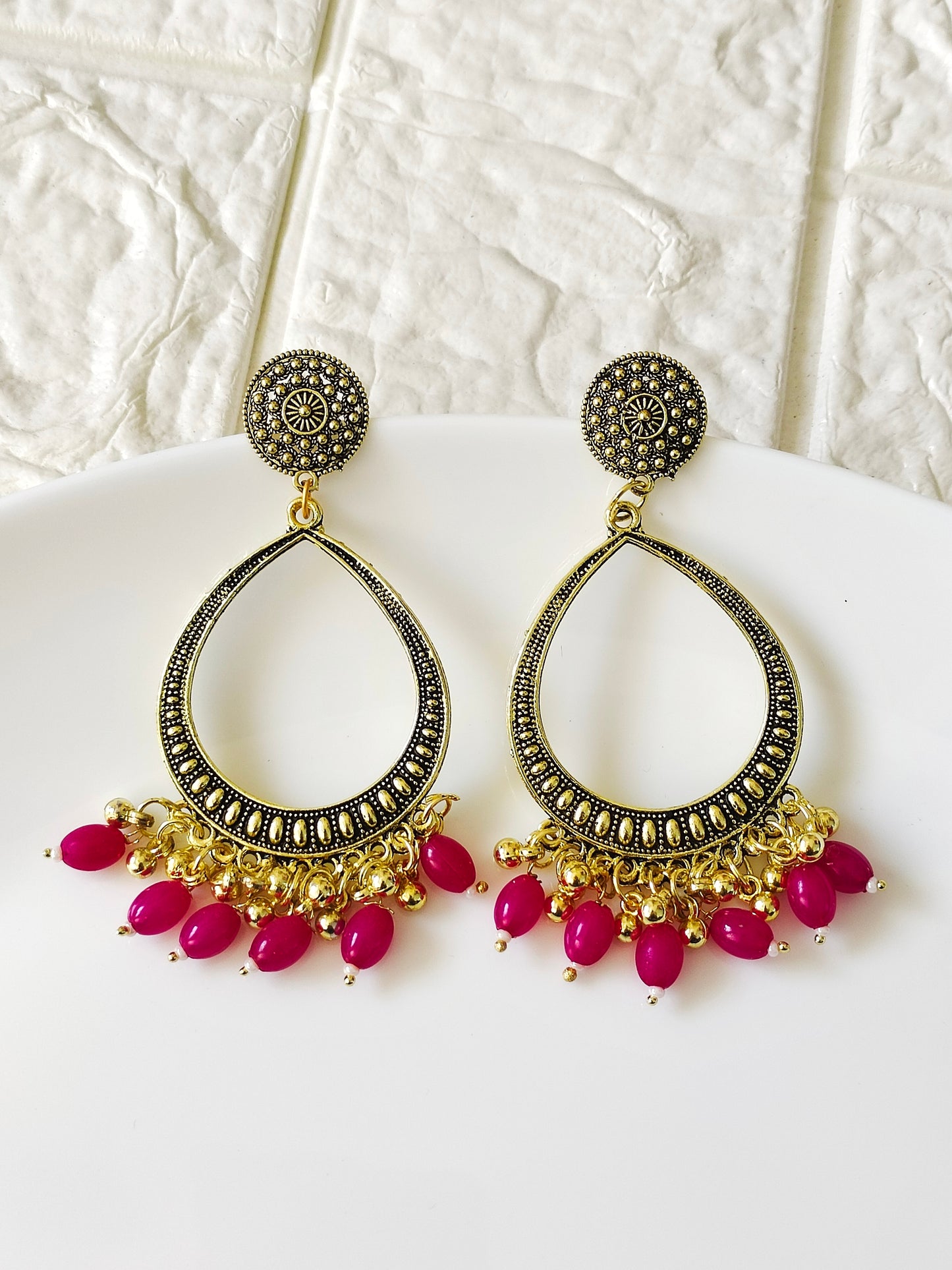 Gold Drop Fuchsia Beaded Jhumka Base - 1 Pair