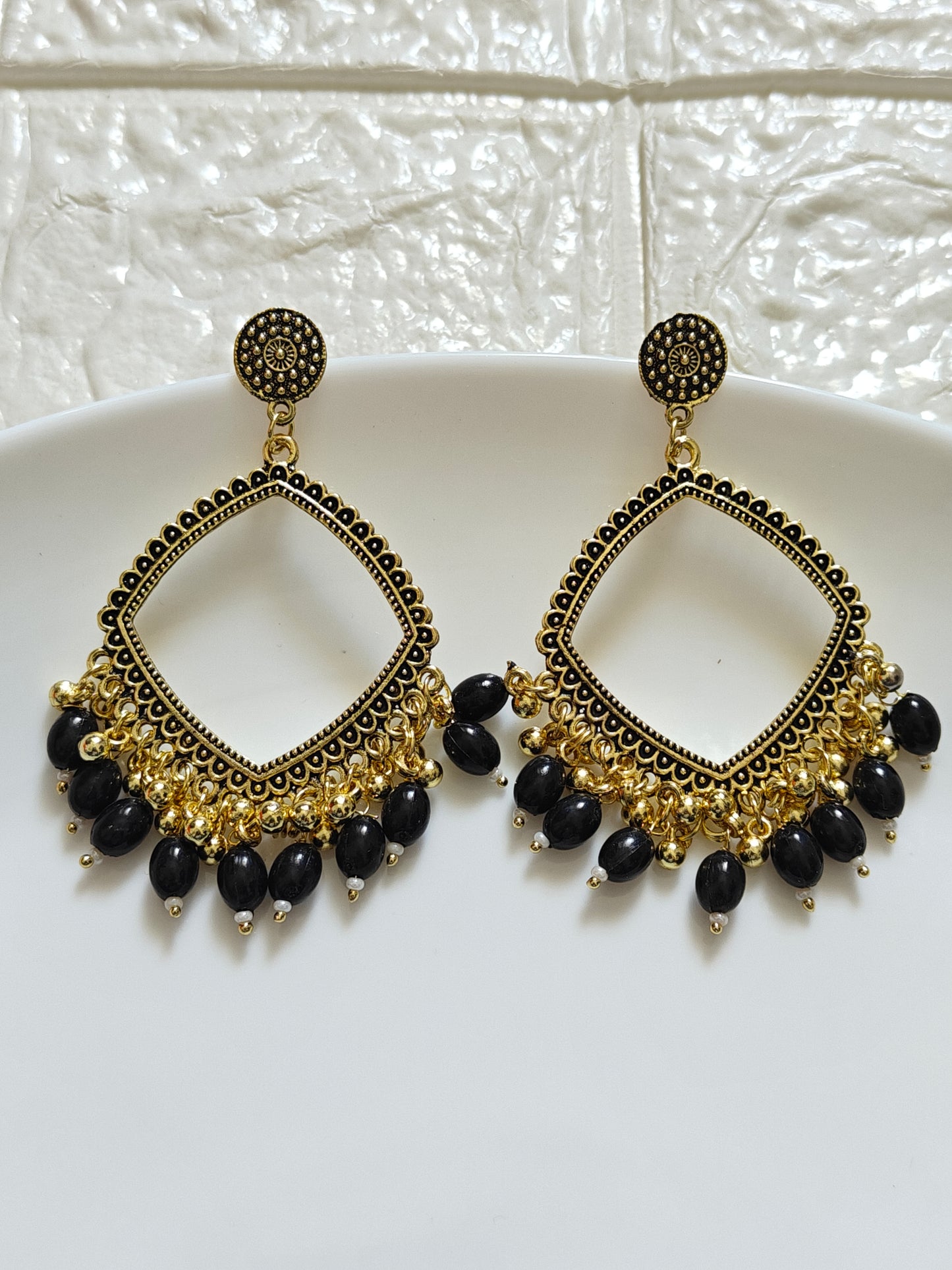 Gold Square Black Beaded Jhumka Base - 1 Pair