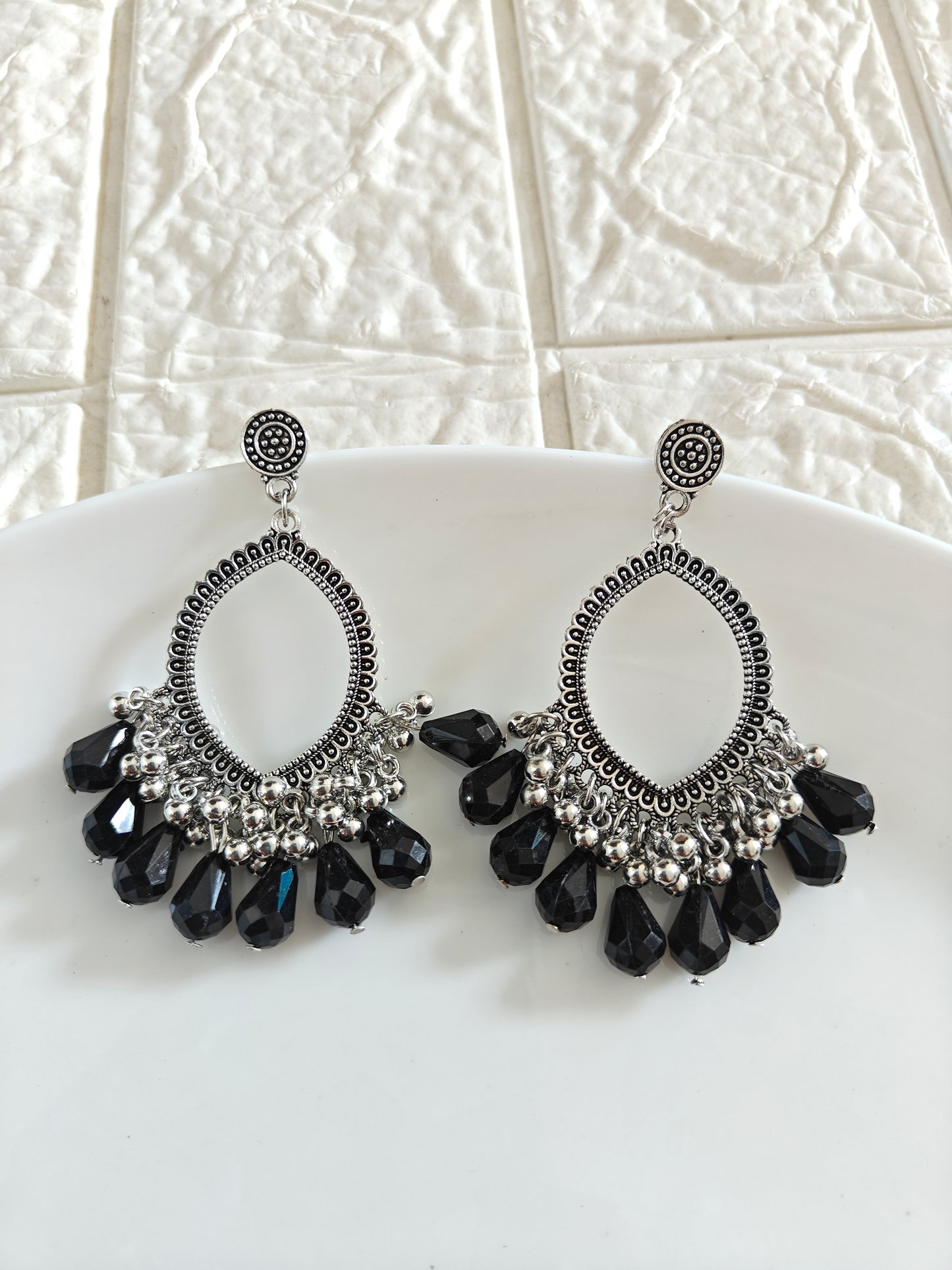 Silver Evil Eye Black Drop Beaded Jhumka Base - 1 Pair