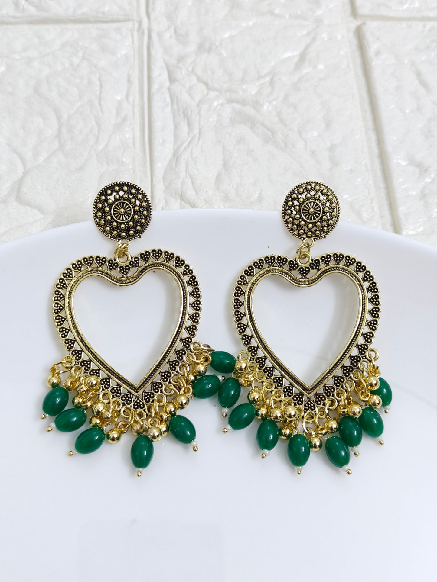 Gold Heart Dark Green Beaded Jhumka Base - 1 Pair