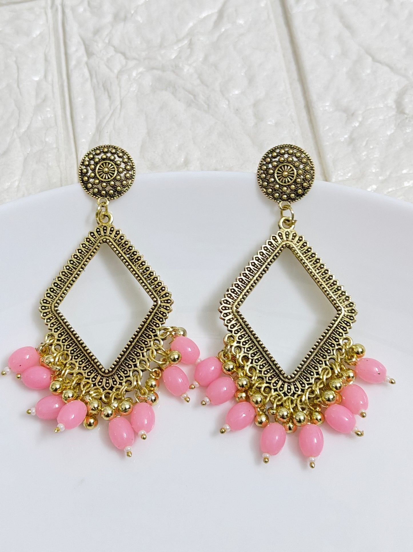 Gold Rhombus Pink Beaded Jhumka Base - 1 Pair