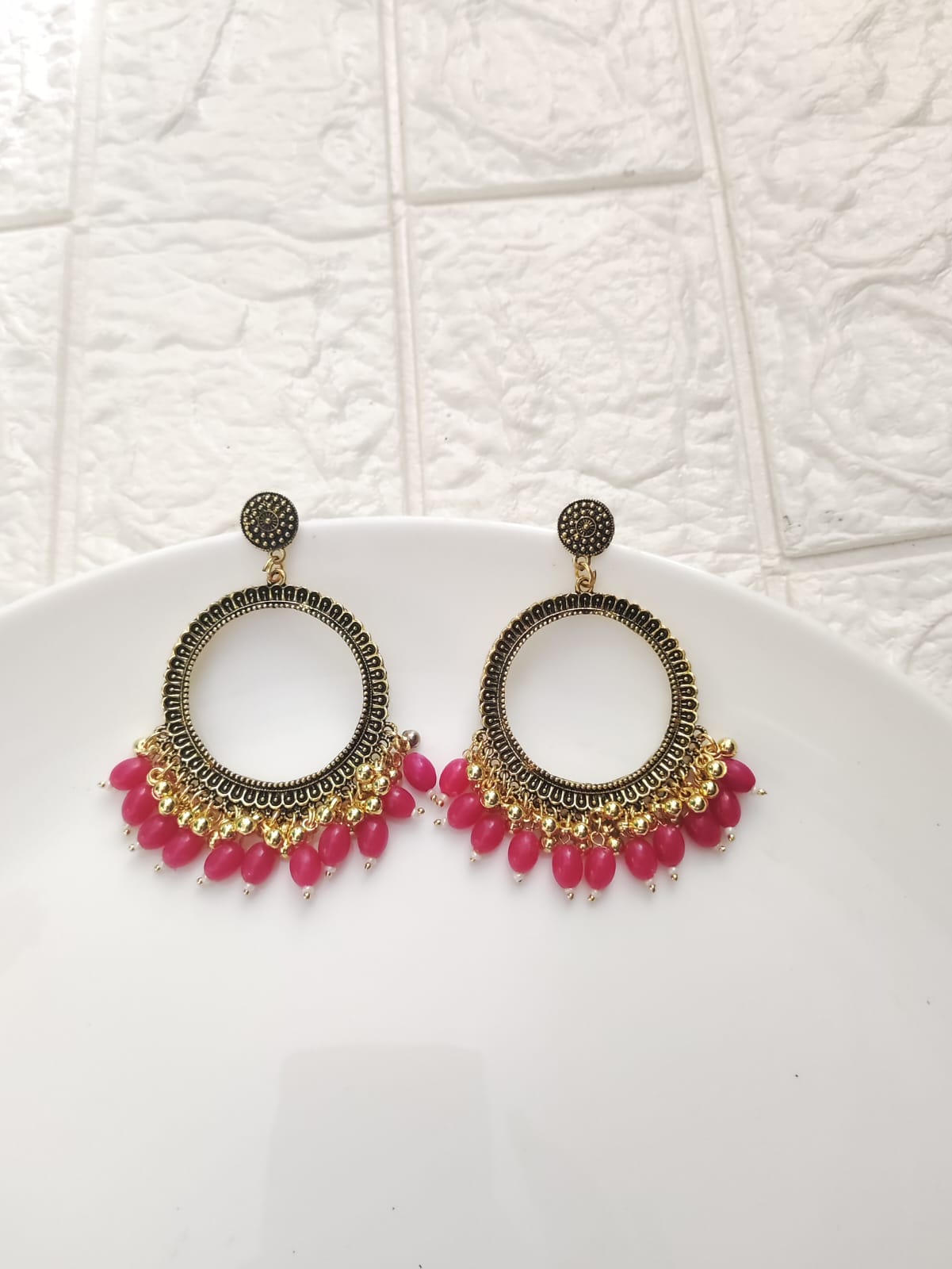 SH Gold Round Rani Pink Beaded Jhumka Base - 1 Pair