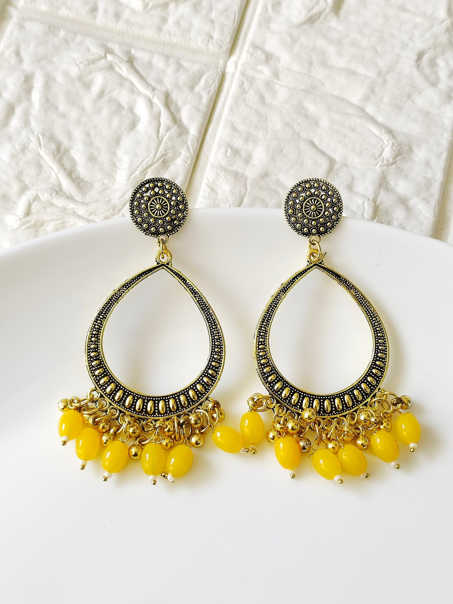 Gold Drop Yellow Beaded Jhumka Base - 1 Pair