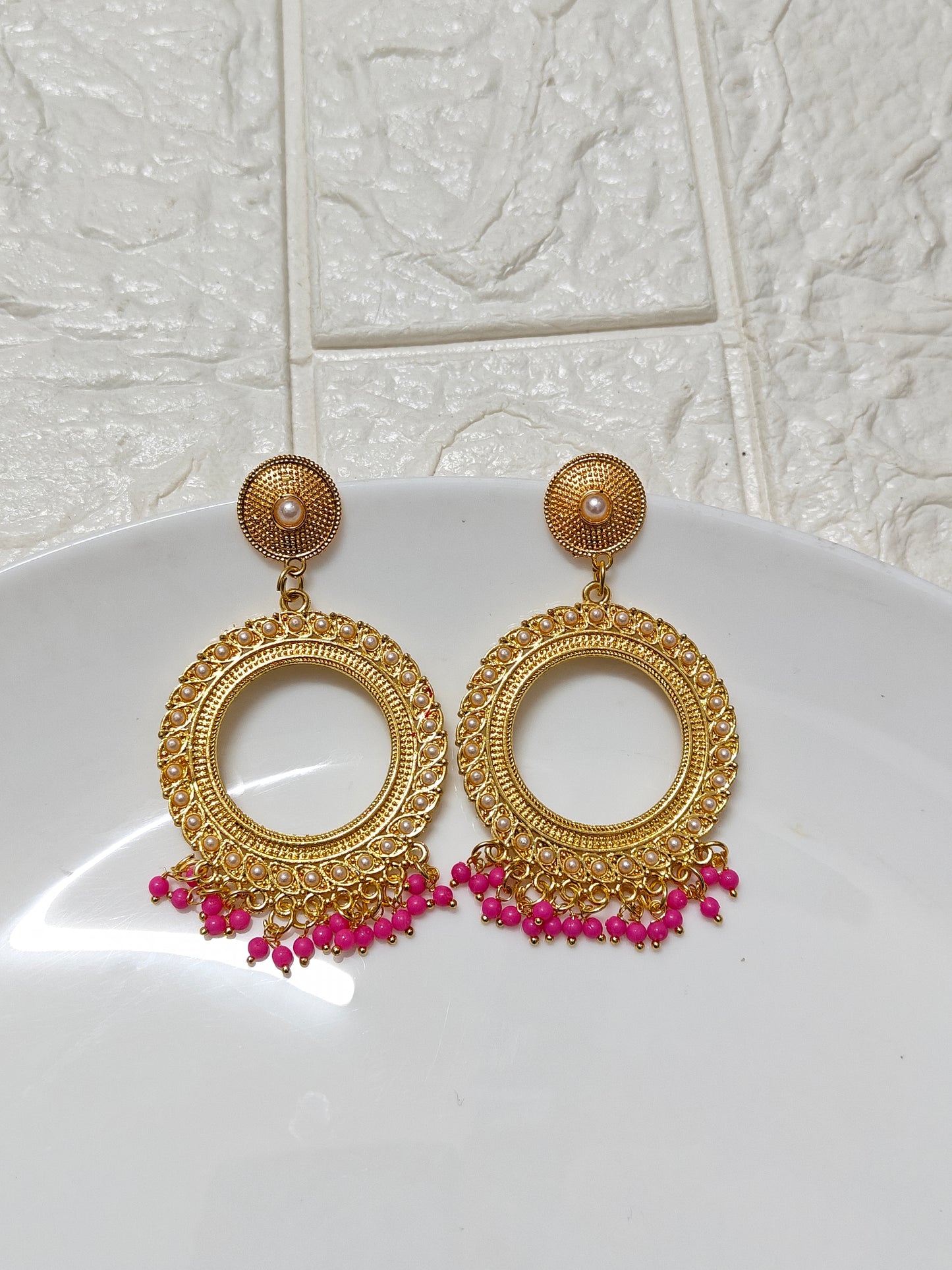 Gold Round Rani Pink Pearl Beaded Jhumka Base - 1 Pair
