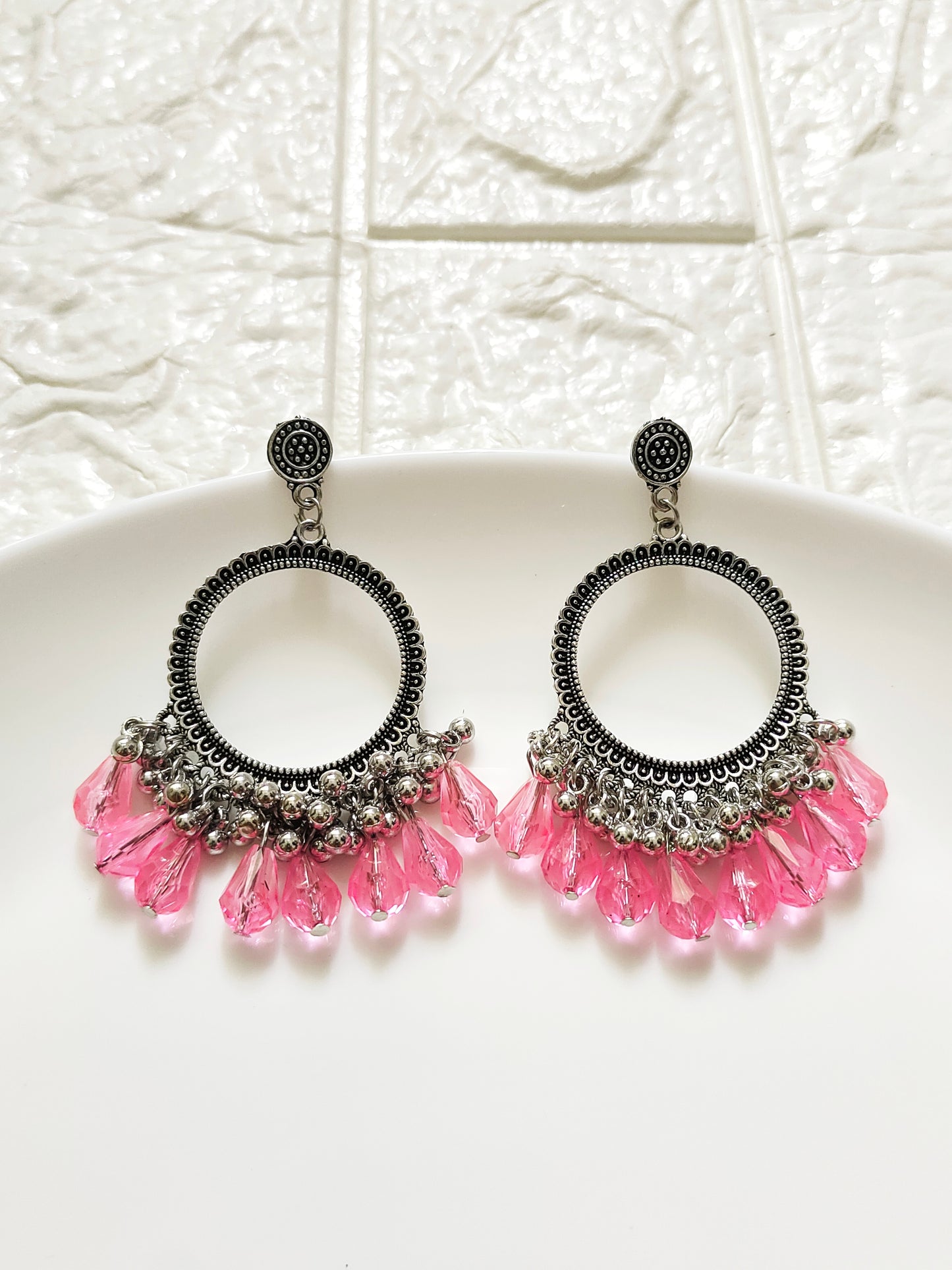 Silver Round Pink Drop Beaded Jhumka Base - 1 Pair