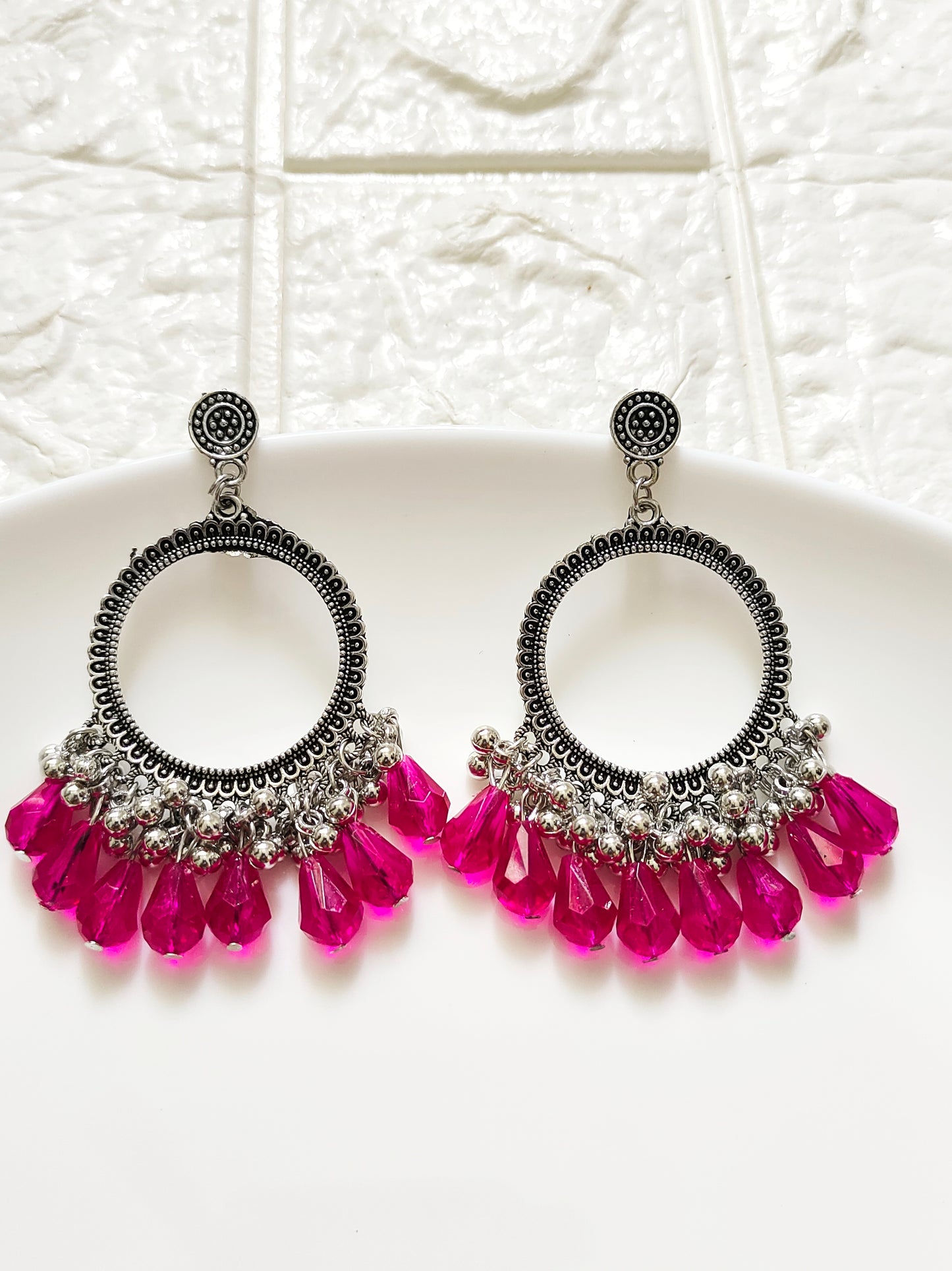 Silver Round Fuchsia Drop Beaded Jhumka Base - 1 Pair