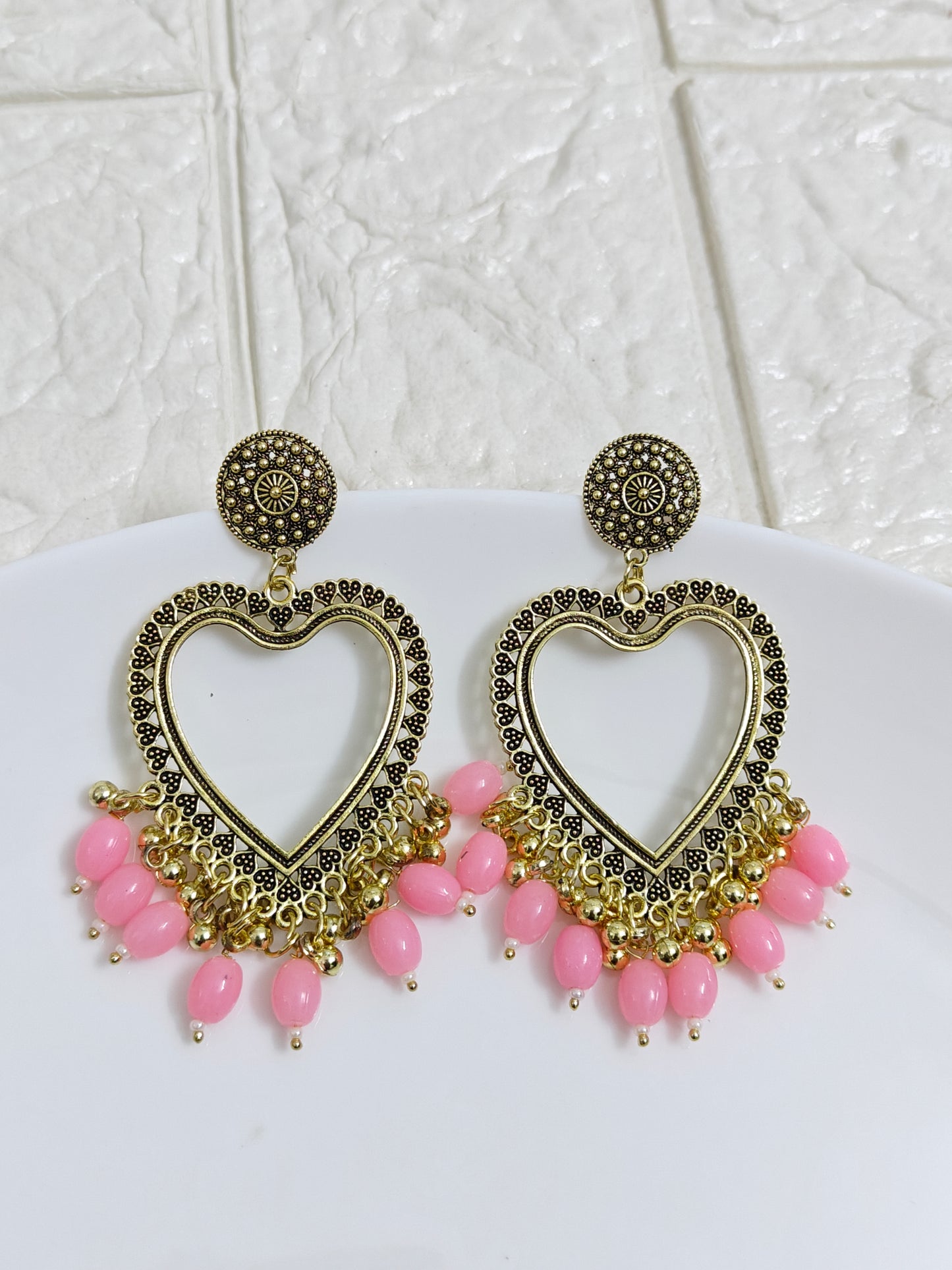 Gold Heart Pink Beaded Jhumka Base - 1 Pair