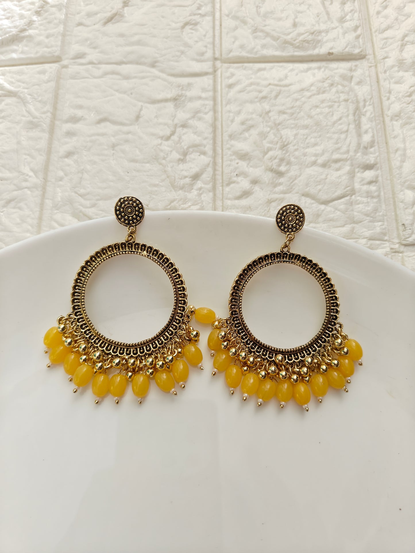 SH Gold Round Yellow Beaded Jhumka Base - 1 Pair