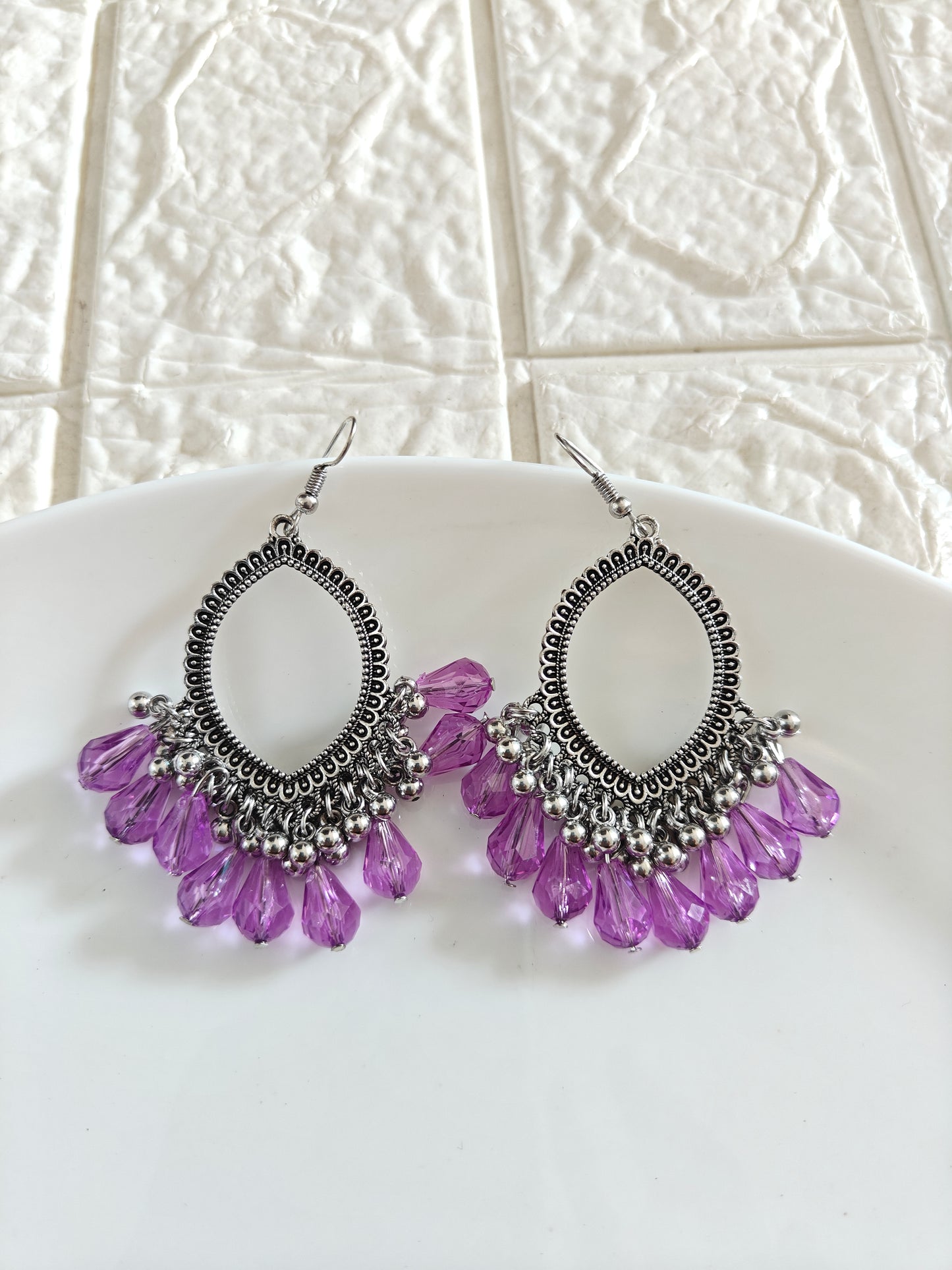 Silver Evil Eye Lavendar Hook Drop Beaded Jhumka Base - 1 Pair