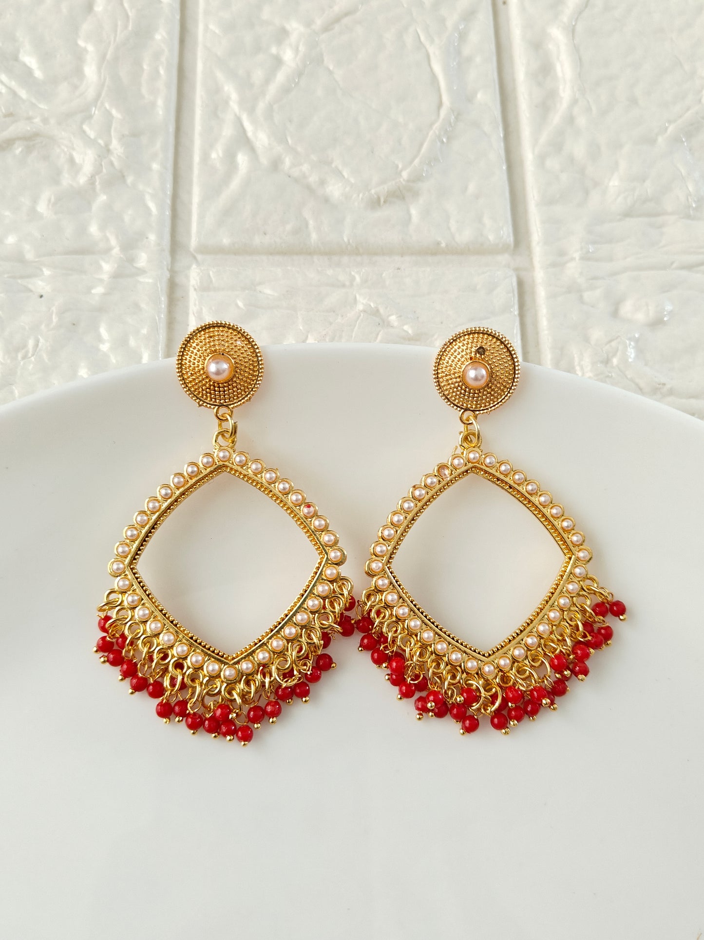 Gold Square Red Pearl Beaded Jhumka Base - 1 Pair