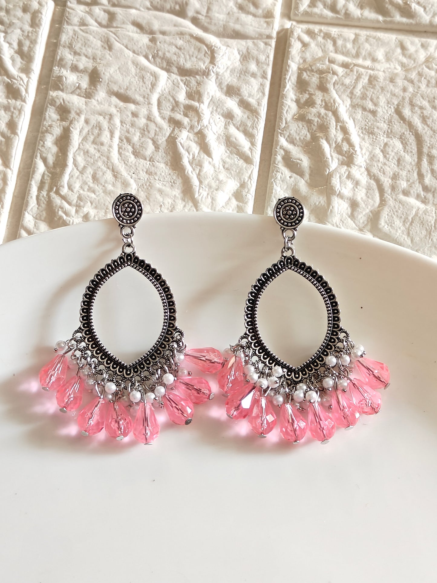 Silver Evil Eye Pink Drop Beaded Jhumka Base - 1 Pair