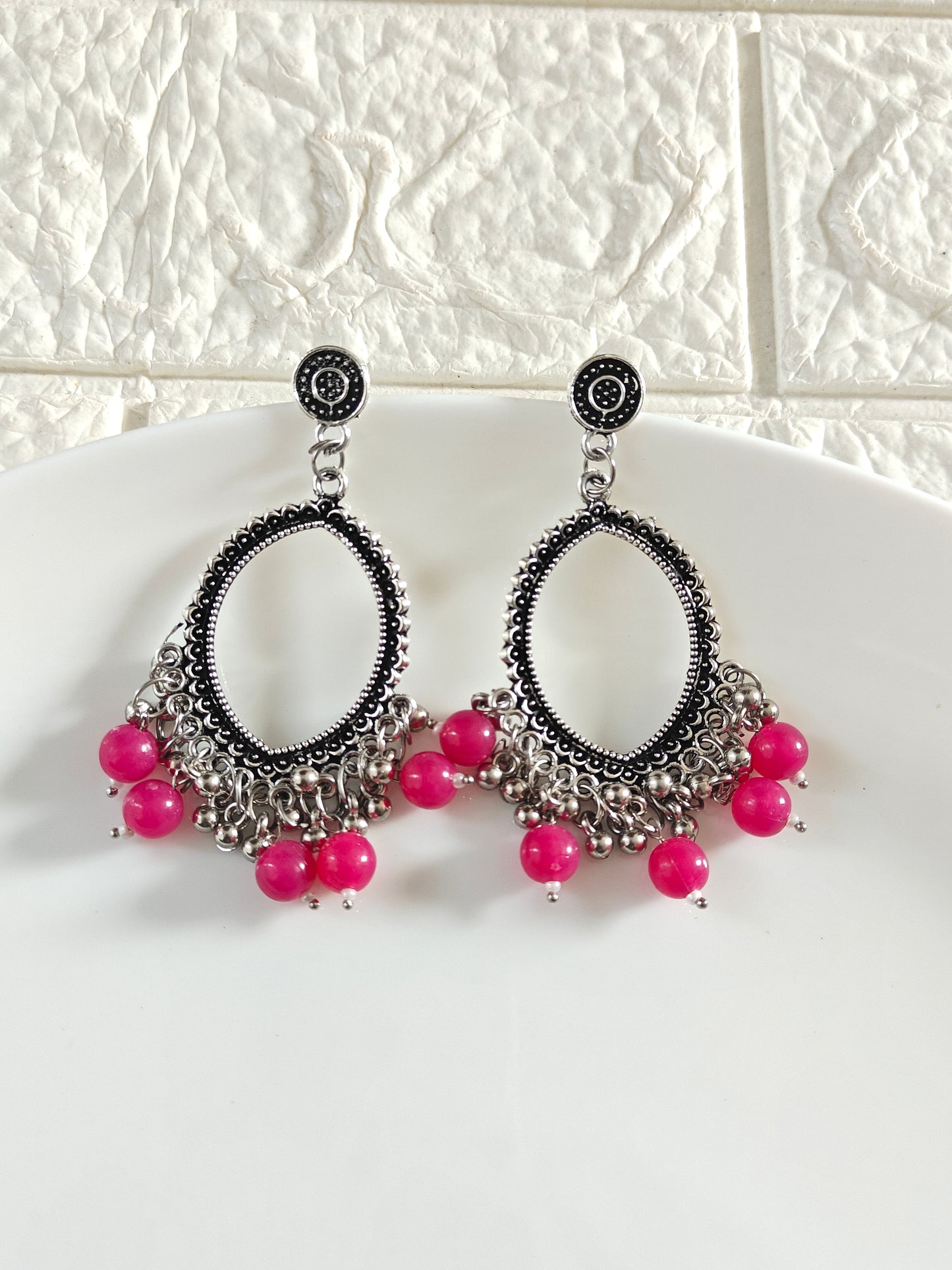 Silver Evil Eye Rani Pink Beaded Jhumka Base - 1 Pair