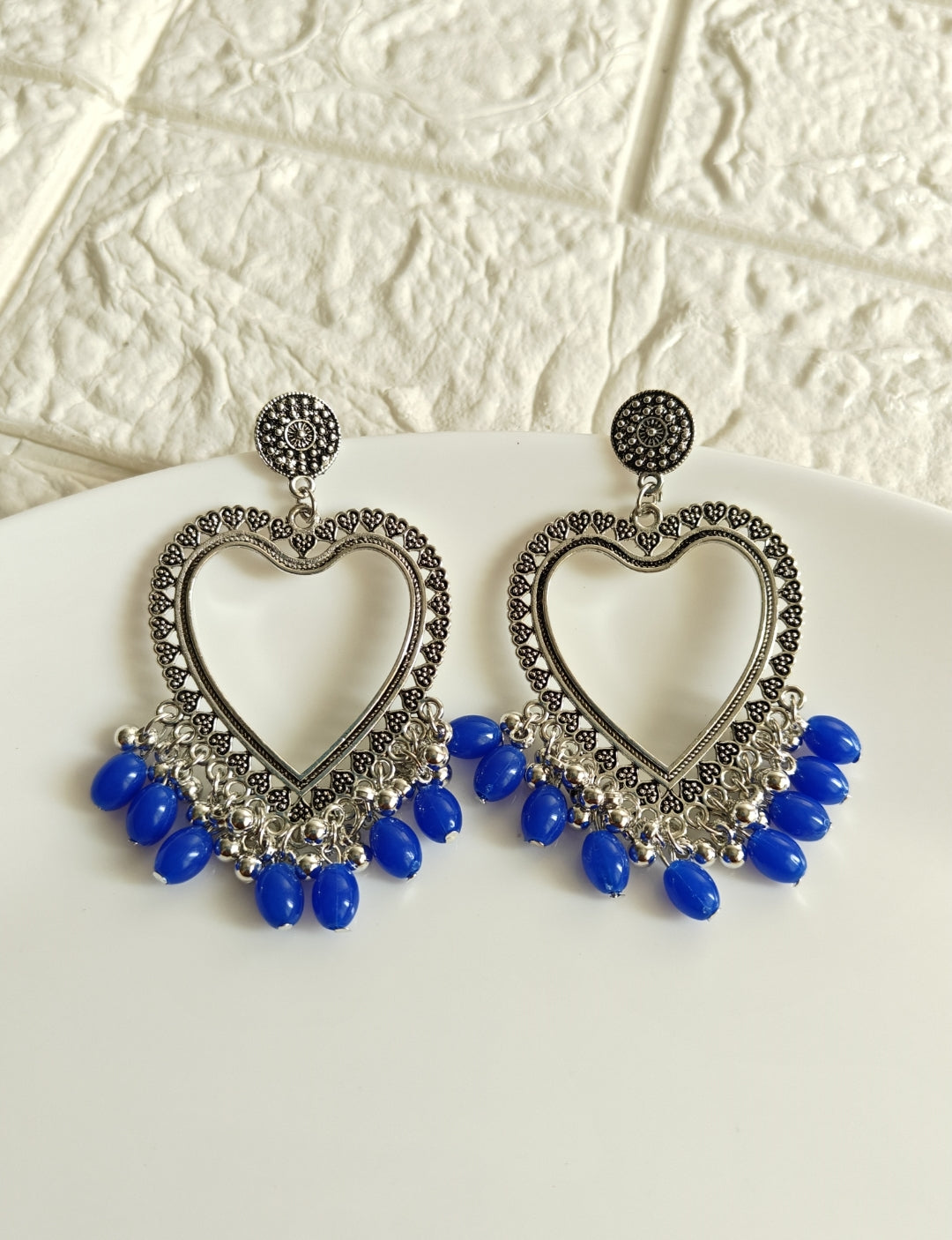 Heart Blue Beaded Jhumka Base - 1 Pair