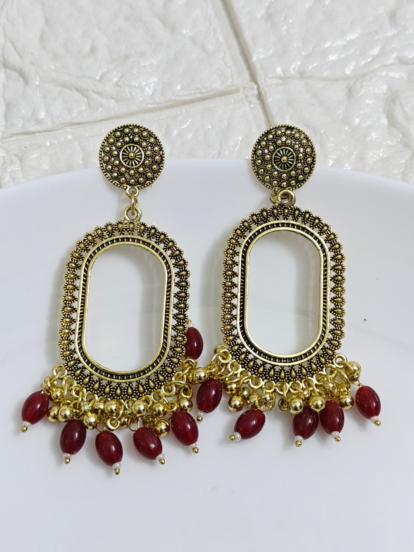 Gold Oval Maroon Beaded Jhumka Base - 1 Pair