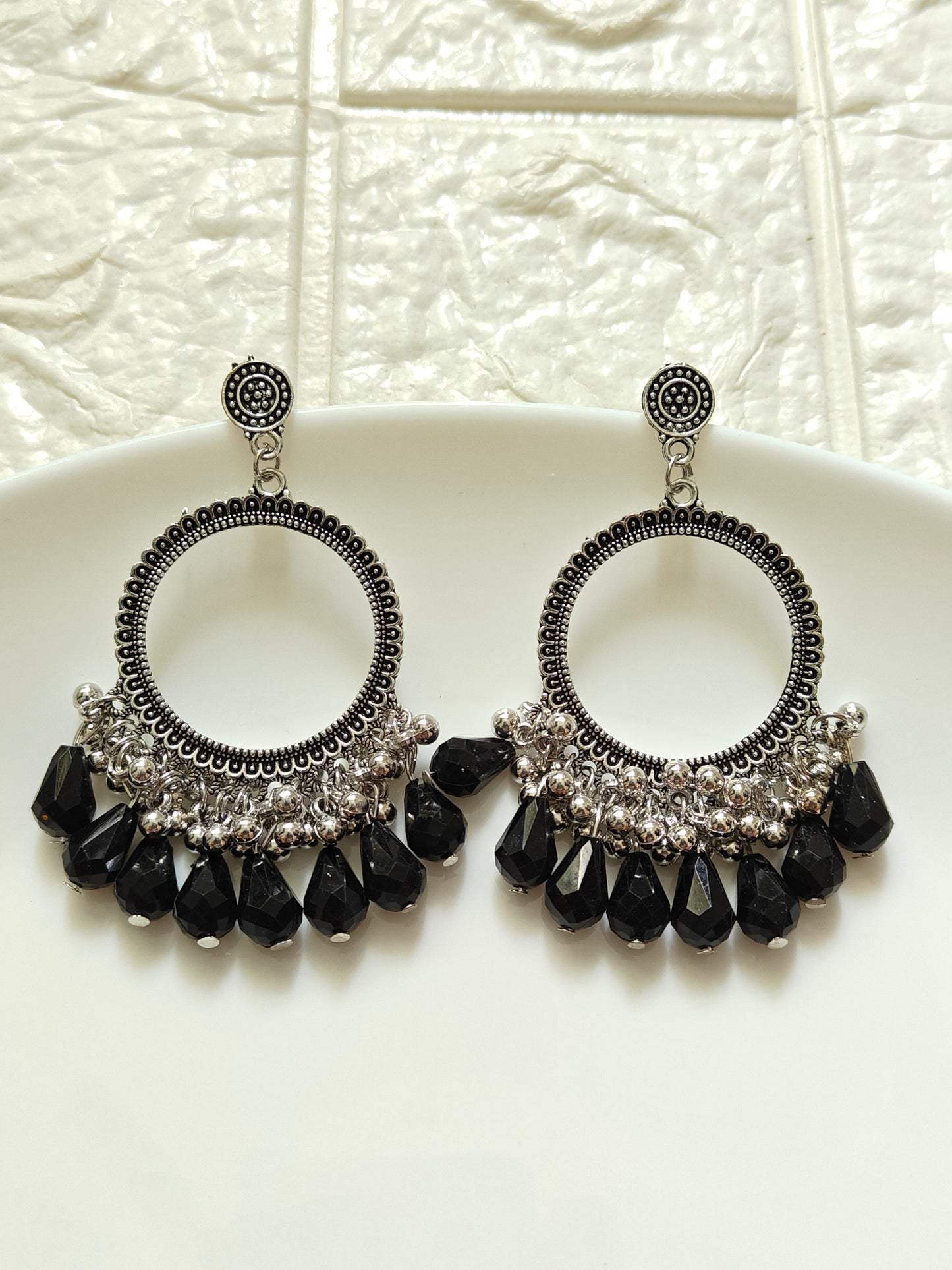 Silver Round Black Drop Beaded Jhumka Base - 1 Pair