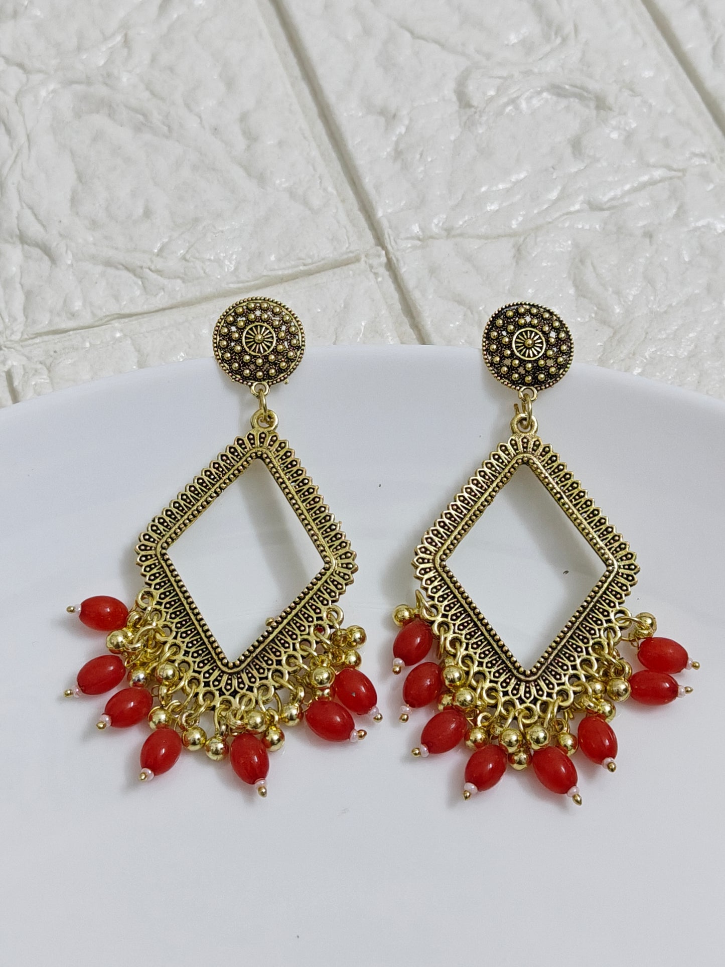 Gold Rhombus Red Beaded Jhumka Base - 1 Pair