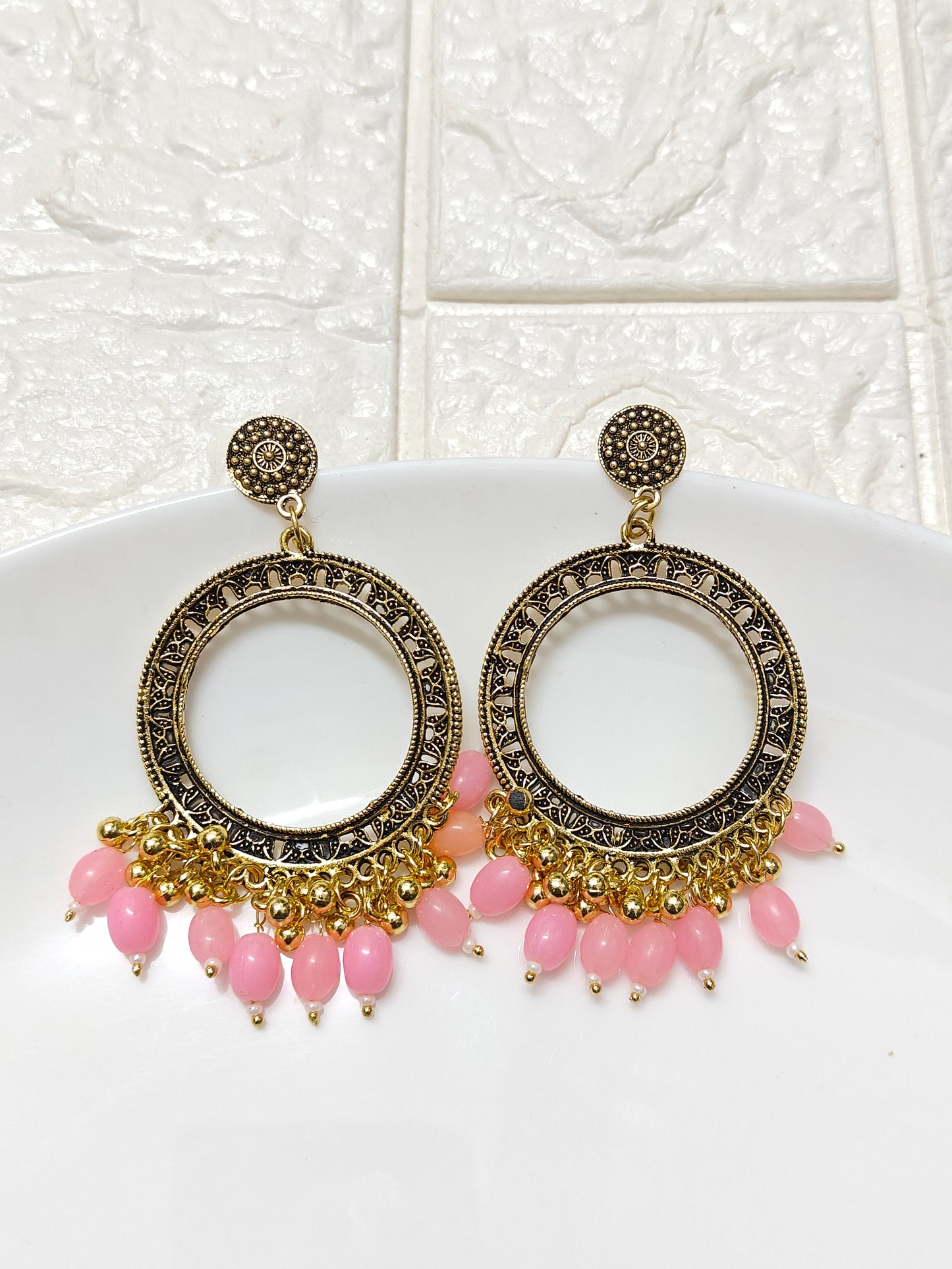SH Gold Round Pink Beaded Jhumka Base - 1 Pair