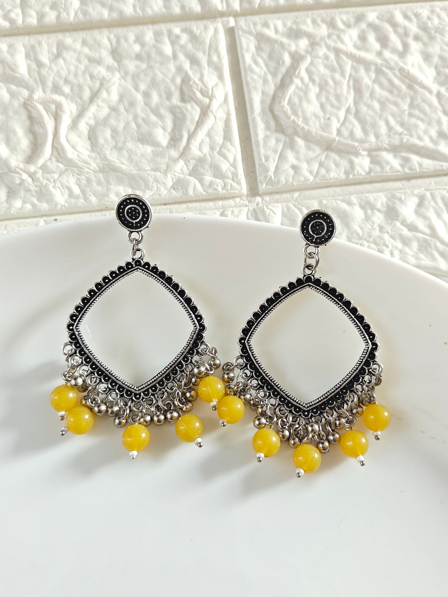 Square Yellow Beaded Jhumka Base - 1 Pair