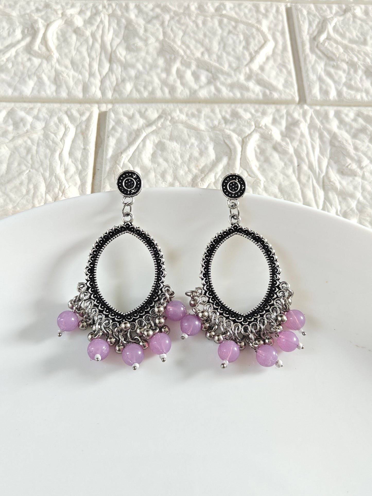 Silver Evil Eye Lavendar Beaded Jhumka Base - 1 Pair