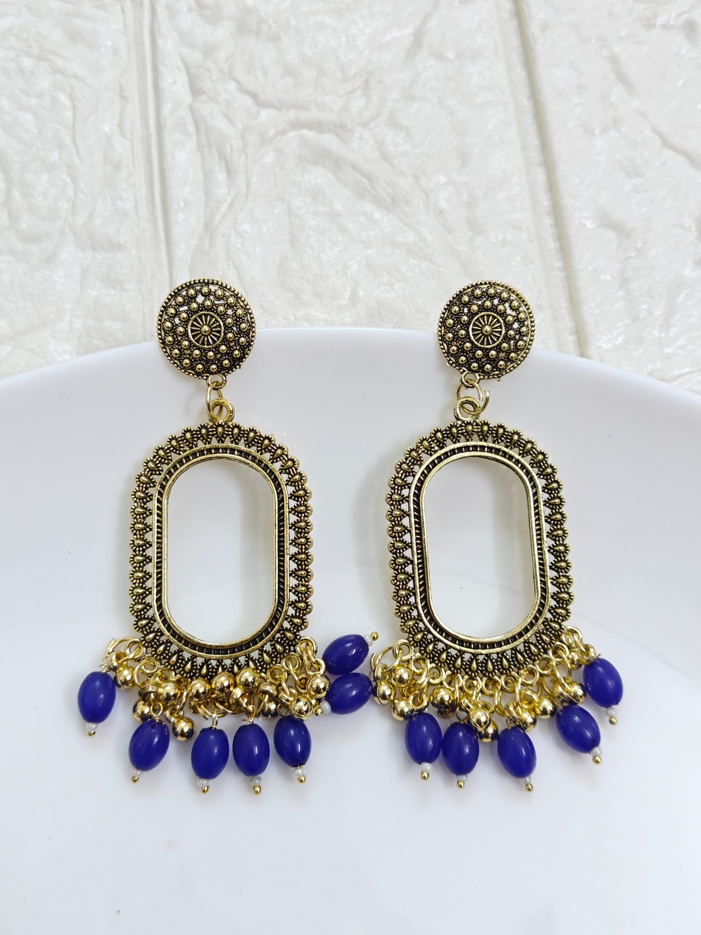 Gold Oval Dark Blue Beaded Jhumka Base - 1 Pair