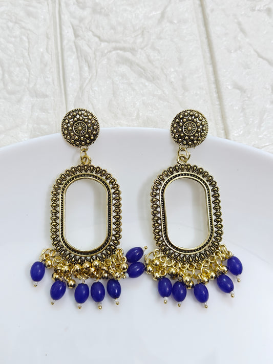 Gold Oval Dark Blue Beaded Jhumka Base - 1 Pair