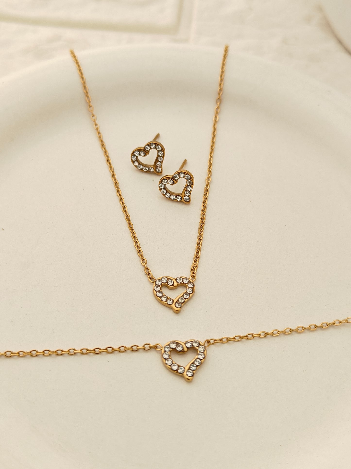 Heart Charm Combo Set - Stud, Chain, Bracelet