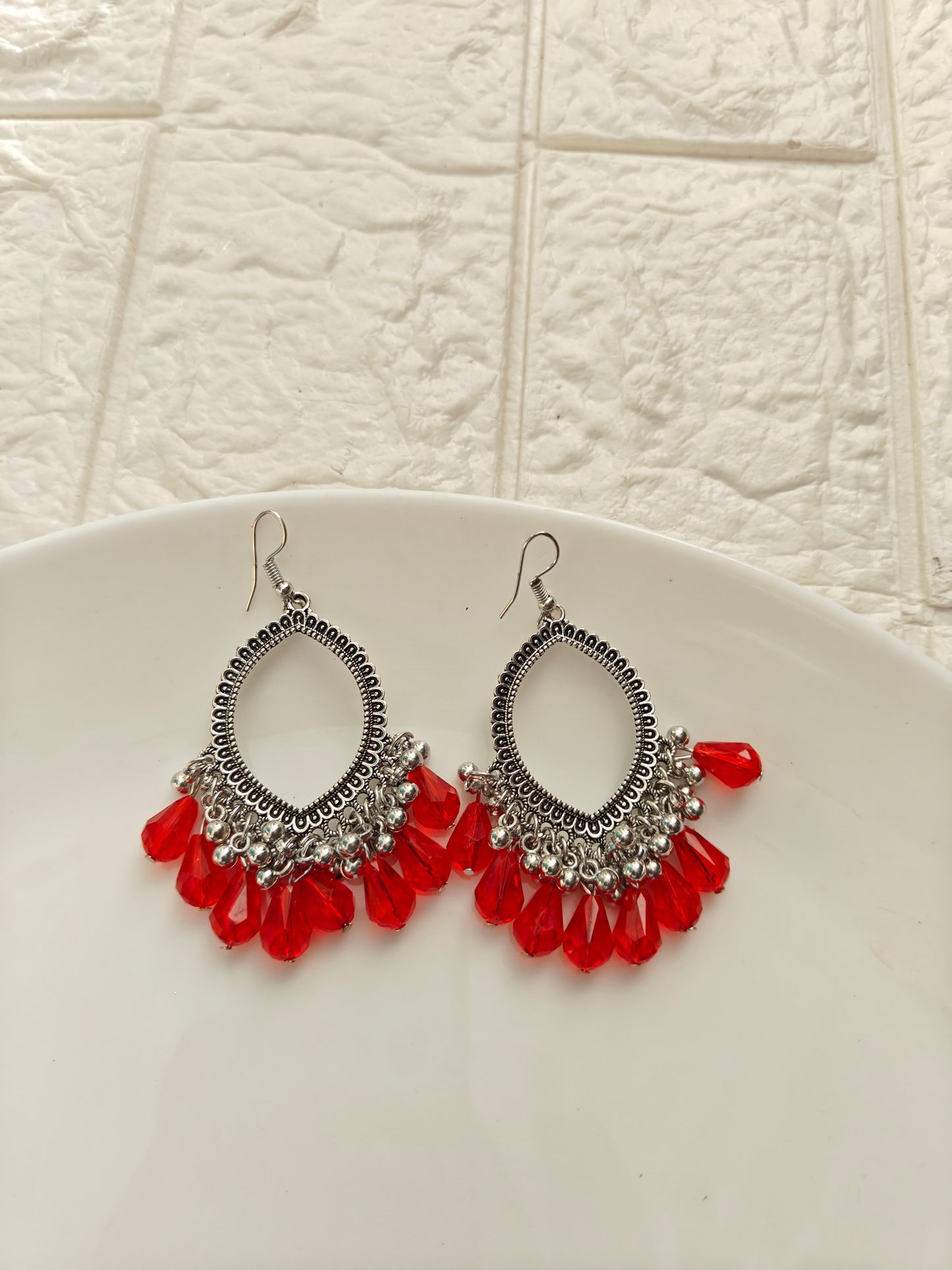 Silver Evil Eye Red Hook Drop Beaded Jhumka Base - 1 Pair