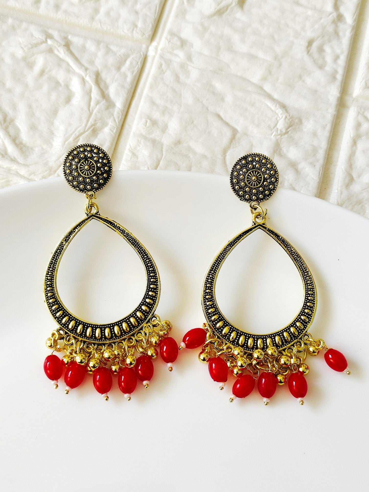 Gold Drop Red Beaded Jhumka Base - 1 Pair