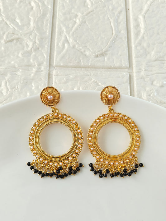 Gold Round Black Pearl Beaded Jhumka Base - 1 Pair