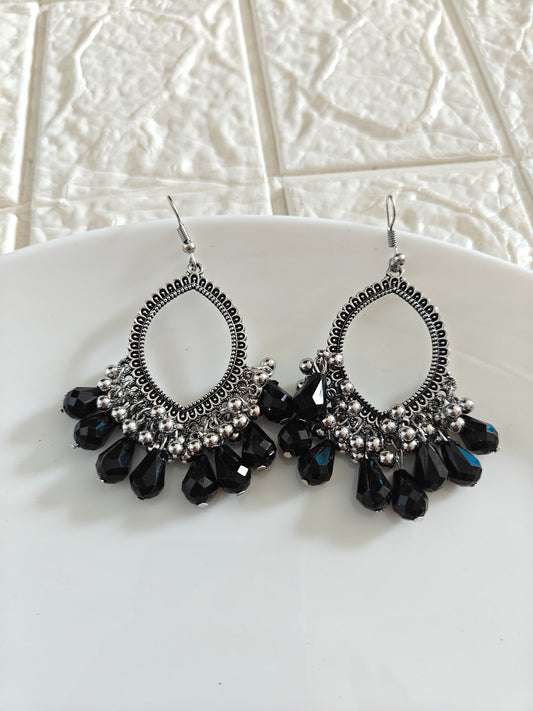 Silver Evil Eye Black Hook Drop Beaded Jhumka Base - 1 Pair