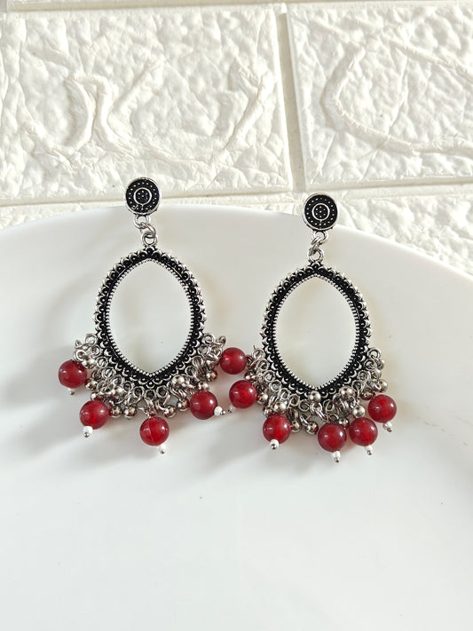 Silver Evil Eye Maroon Beaded Jhumka Base - 1 Pair