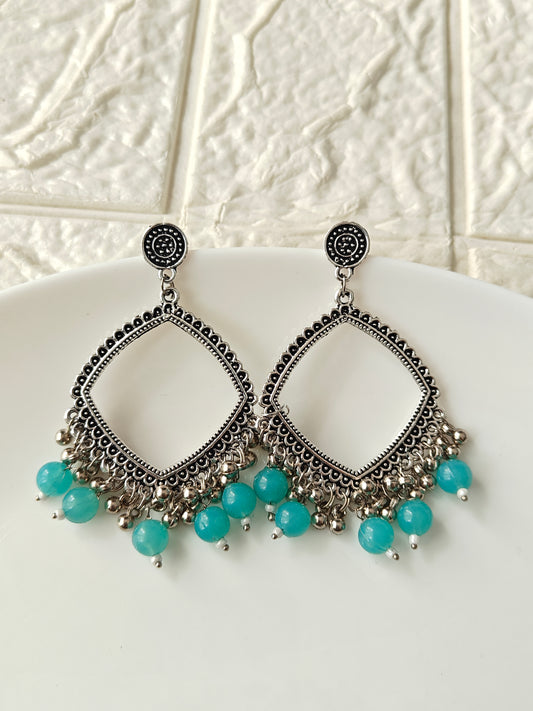 Silver Square Blue Beaded Jhumka Base - 1 Pair