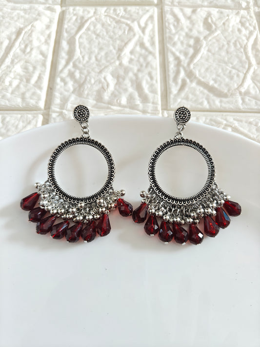 Silver Round Dark Maroon Drop Beaded Jhumka Base - 1 Pair
