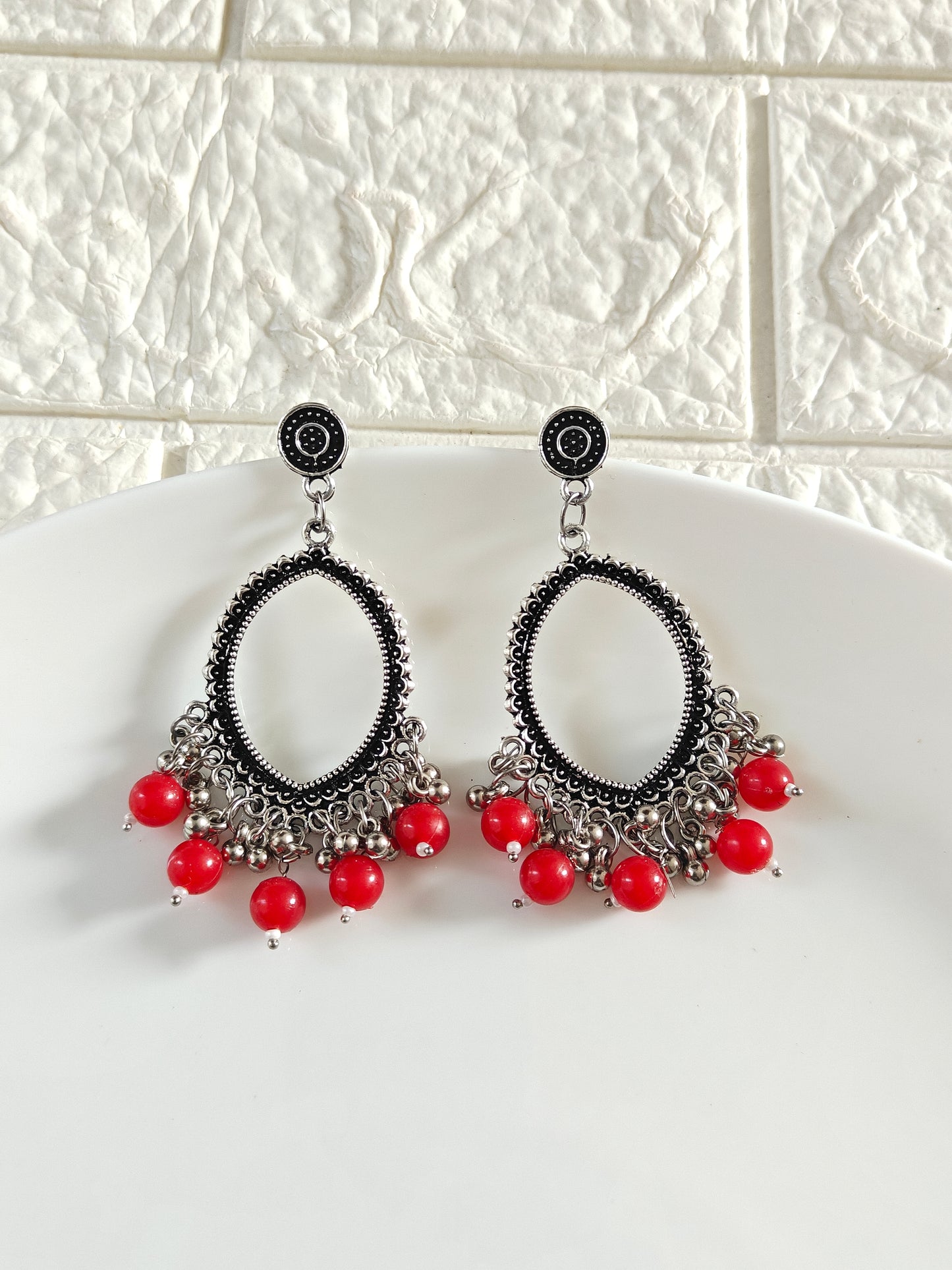 Silver Evil Eye Red Beaded Jhumka Base - 1 Pair