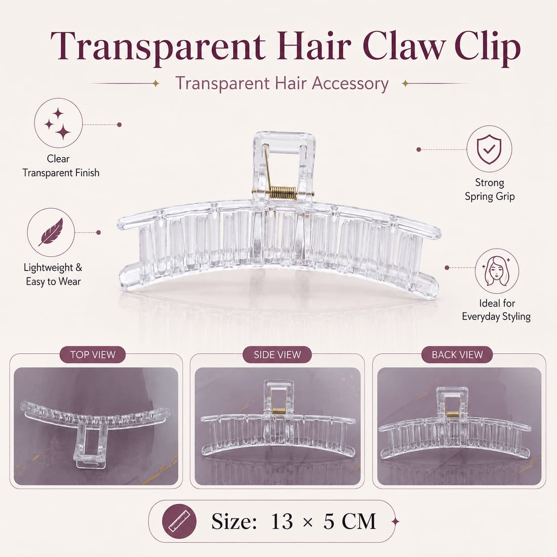 Transparent Curvy Rectangle Claw Clip For Decoden & Pipe Cleaner - 1 Piece