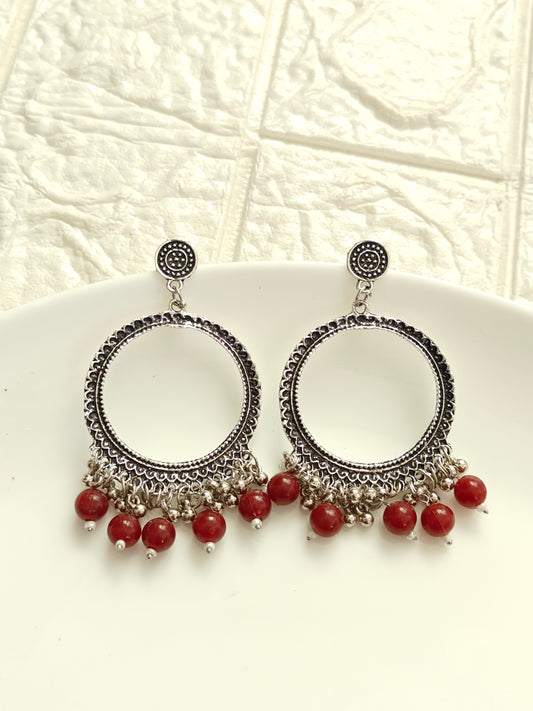 Silver Round Maroon Beaded Jhumka Base - 1 Pair