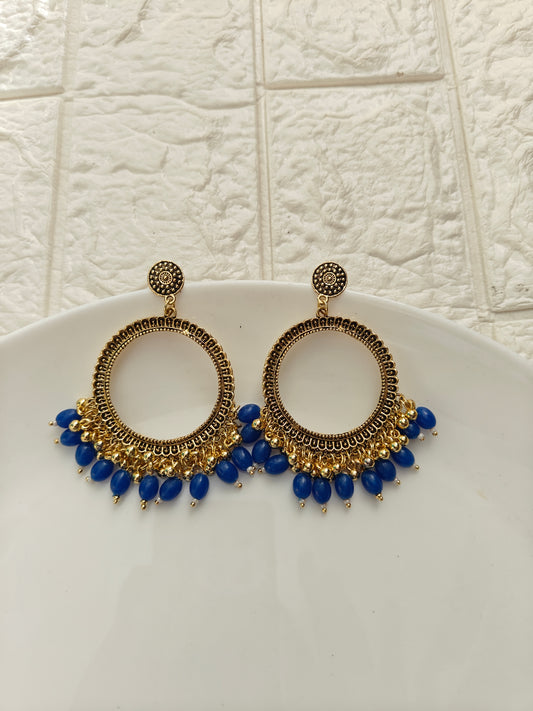 SH Gold Round Dark Blue Beaded Jhumka Base - 1 Pair
