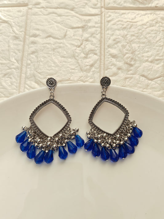 Silver Square Dark Blue Drop Beaded Jhumka Base - 1 Pair