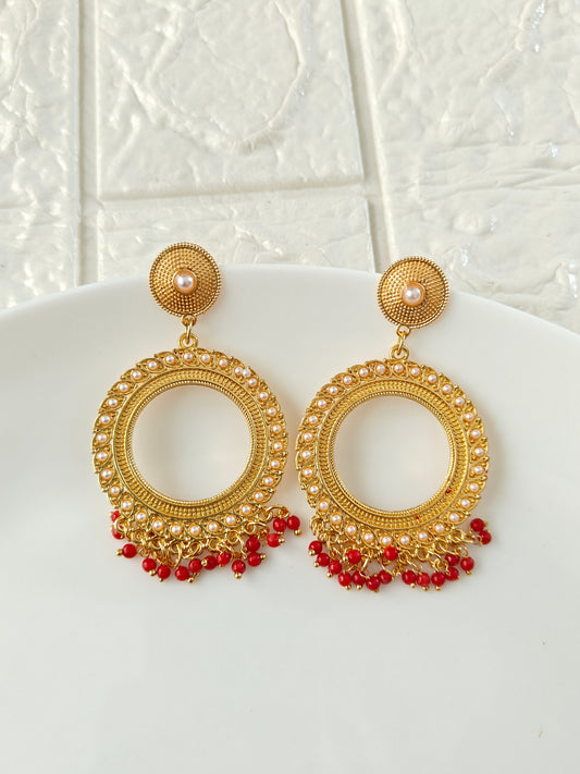 Gold Round Red Pearl Beaded Jhumka Base - 1 Pair