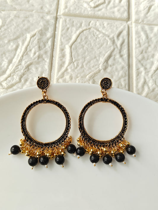 Gold Round Black Beaded Jhumka Base - 1 Pair