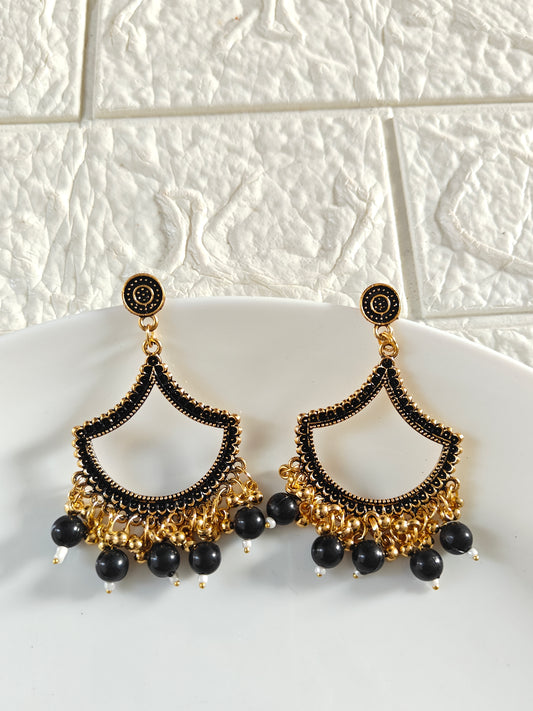 Gold Petal Black Beaded Jhumka Base - 1 Pair