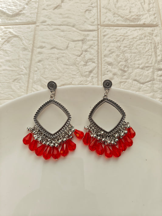 Silver Square Red Drop Beaded Jhumka Base - 1 Pair