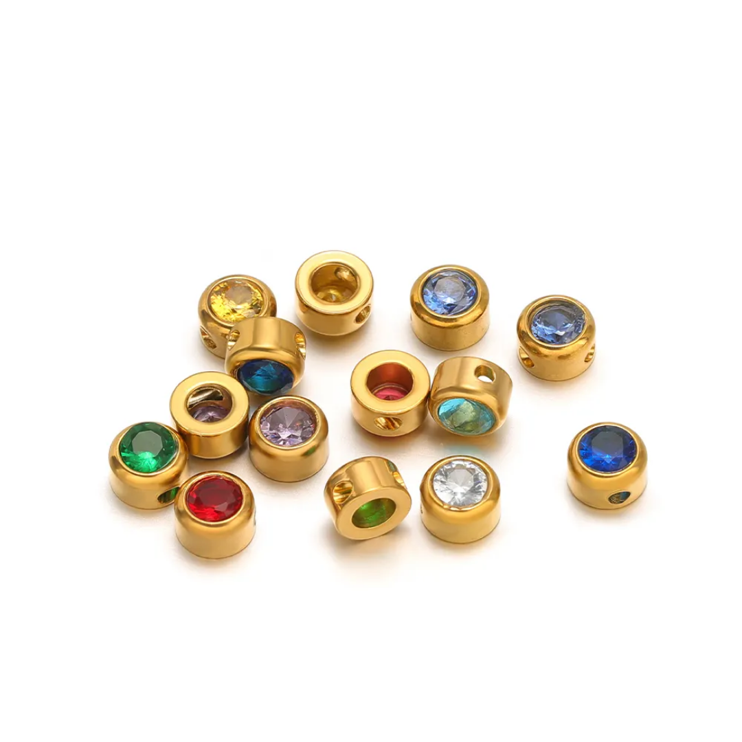 Mini Round Zircon Stone Spacer Bead - 18k Gold PVD Stainless Steel - 1 Piece