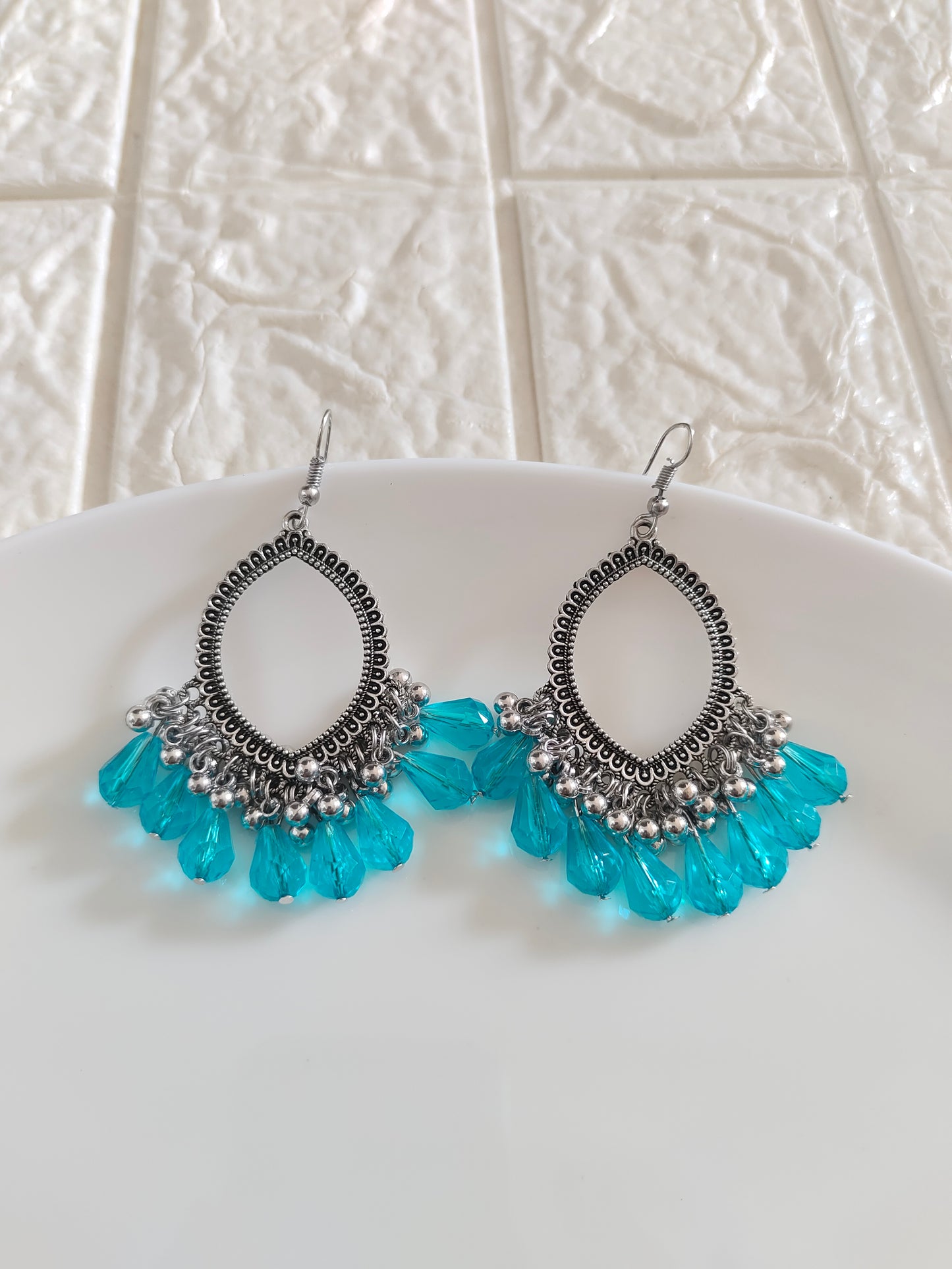 Silver Evil Eye Blue Hook Drop Beaded Jhumka Base - 1 Pair