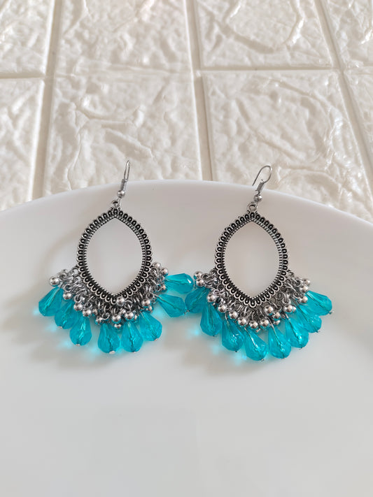 Silver Evil Eye Blue Hook Drop Beaded Jhumka Base - 1 Pair