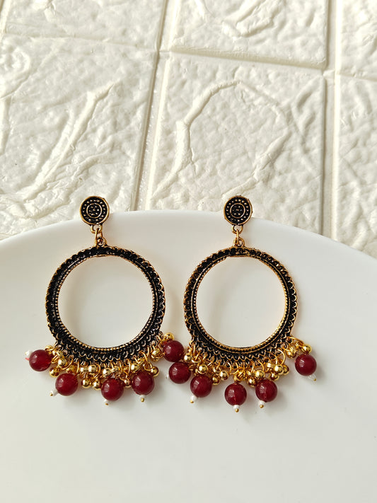 Gold Round Maroon Beaded Jhumka Base - 1 Pair