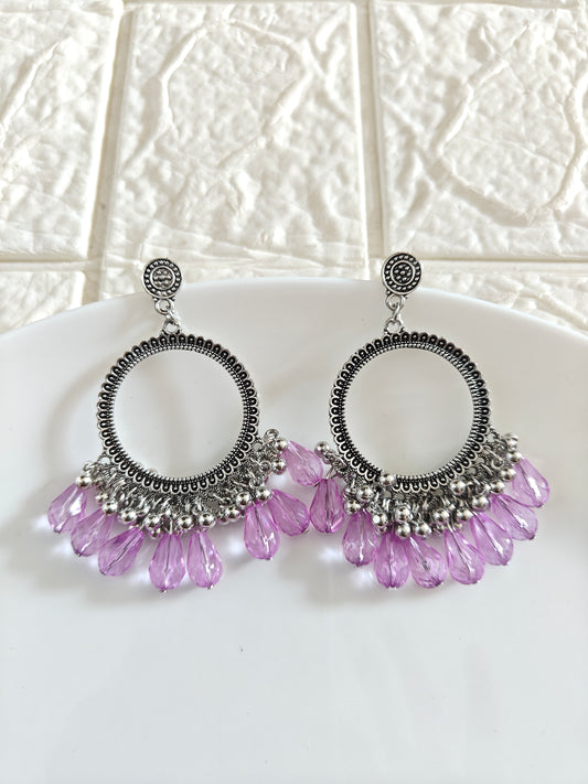Silver Round Lavendar Drop Beaded Jhumka Base - 1 Pair