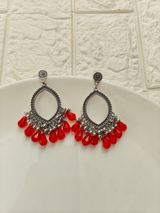 Silver Evil Eye Red Drop Beaded Jhumka Base - 1 Pair