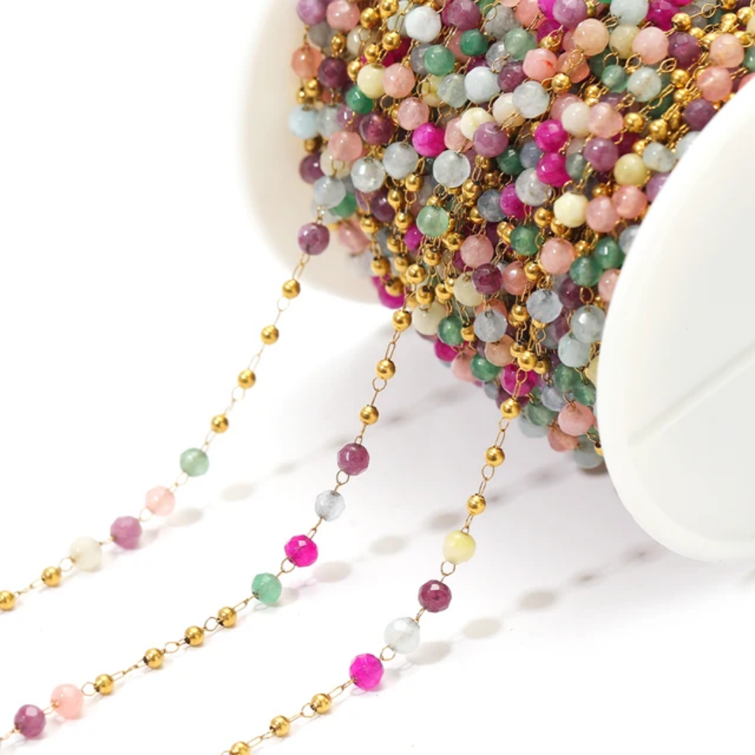 3mm Natural Multi-Colored Stone Stainless Steel Chain - 1 Feet (30cms)