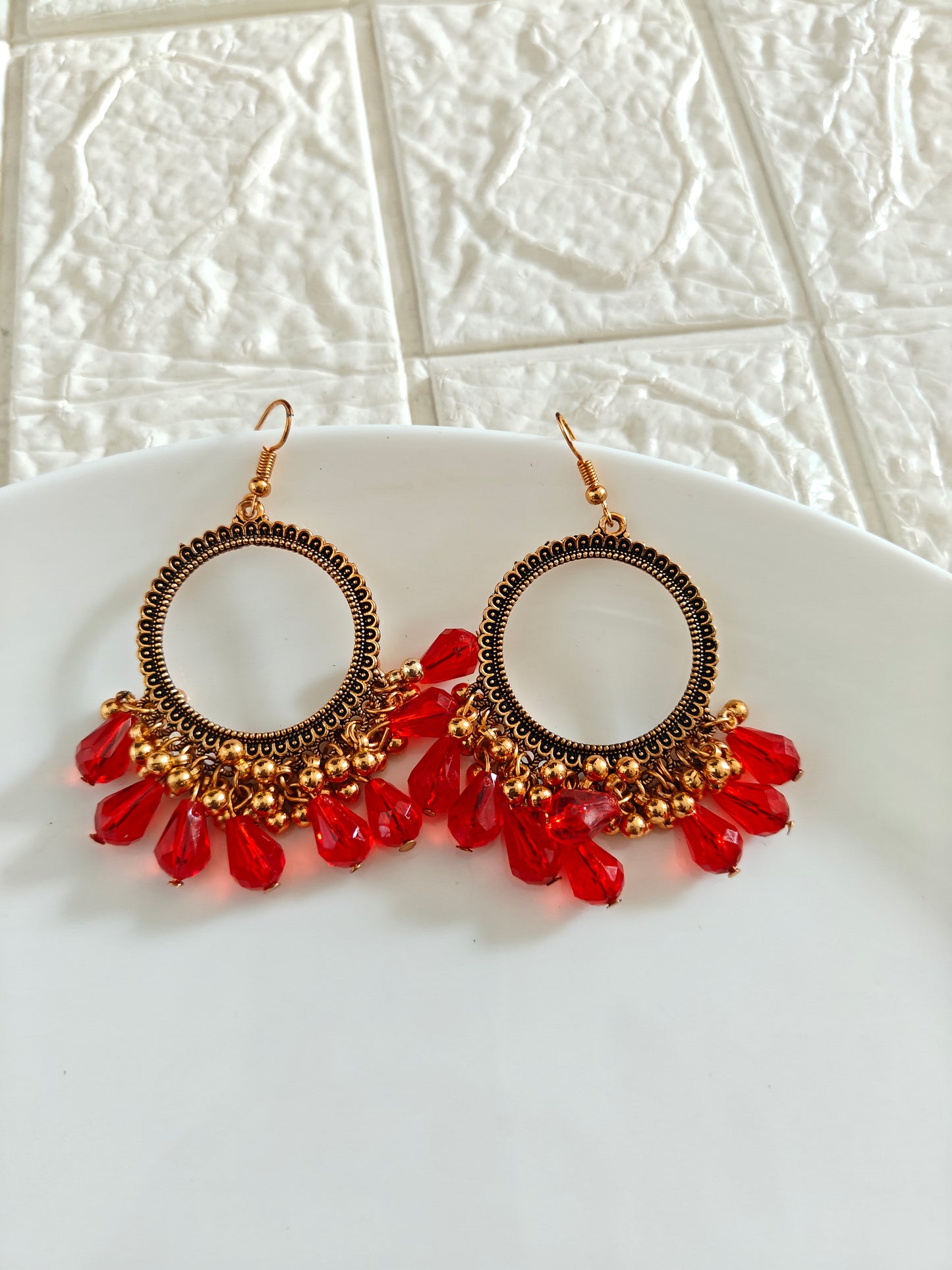 Gold Round Red Drop Beaded Hook Jhumka Base - 1 Pair